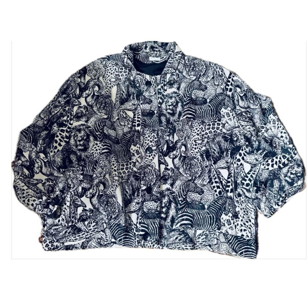 Vintage Ann May Animal Print ALL Silk Zebra Lion Giraffe Jacket Oversized Medium